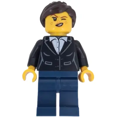  Wild West Train Bandit - Female, Black Jacket over White Shirt, Dark Blue Legs, Dark Brown Ponytail