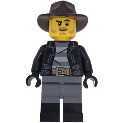  Wild West Train Cowboy - Male, Black Jacket, Dark Bluish Gray Legs with Black Boots, Dark Brown Fedora