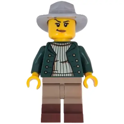  Wild West Train Cowboy - Female, Dark Green Jacket, Dark Tan Legs with Reddish Brown Boots, Light Bluish Gray Fedora