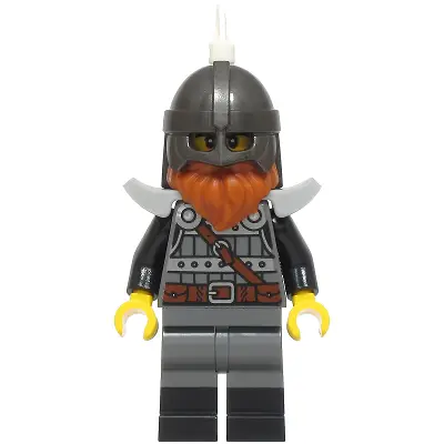  Knight - Male, Dark Bluish Gray and Silver Armor, Black Boots, Pearl Dark Gray Helmet, White Feather, Dark Orange Beard, Light Bluish Gray Shoulder Pads