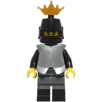  Knight - Female, Dark Bluish Gray and Silver Armor, Black Boots, Black Helmet, Pearl Gold Crown, Flat Silver Breastplate