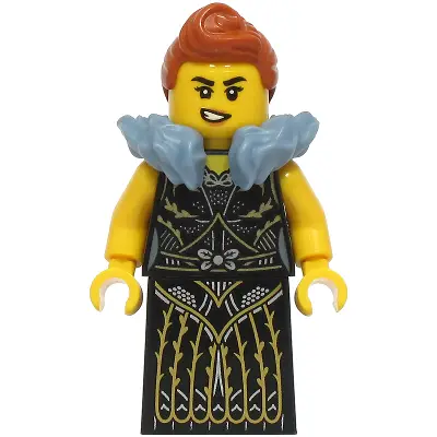  Queen - Black Dress with Gold and Silver Lines, Dark Orange Hair, Sand Blue Fur Collar