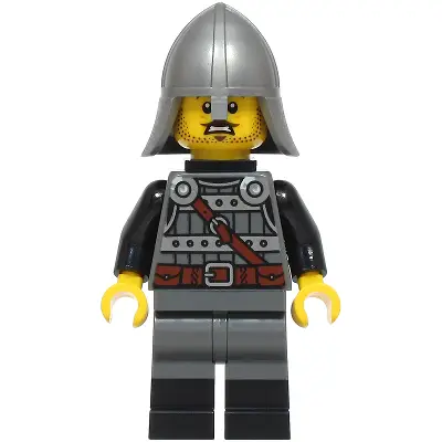  Knight - Male, Dark Bluish Gray and Silver Armor, Black Boots, Flat Silver Helmet with Neck Protector, Neck Bracket with Clip