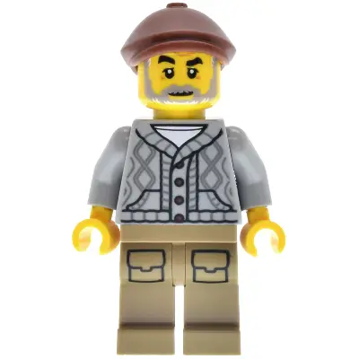  Antique Shop - Male, Light Bluish Gray Knit Cable Cardigan Sweater, Dark Tan Legs with Pockets, Reddish Brown Flat Cap