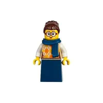  Vampire Castle Visitor - Female, Tan Knit Argyle Sweater Vest, Dark Blue Skirt, Dark Brown Hair, Dark Blue Scarf
