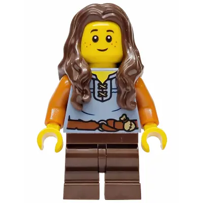  Mushroom Village - Female, Sand Blue Vest, Dark Brown Medium Legs, Dark Brown Long Wavy Hair