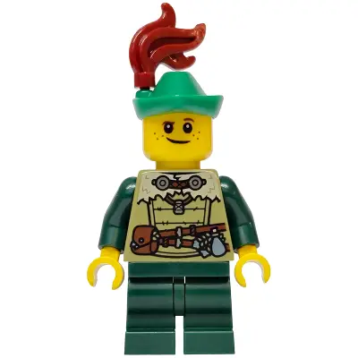  Mushroom Village - Male, Olive Green Tunic, Dark Green Medium Legs, Green Hat, Dark Red Plume