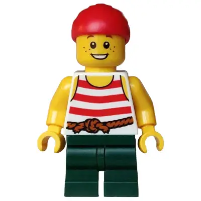  Pirate - Boy, White Tank Top with Red Stripes, Dark Green Medium Legs, Red Bandana