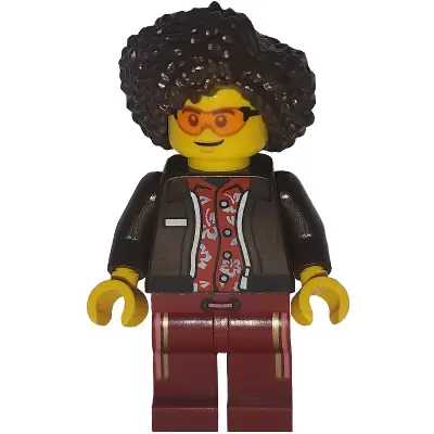  Art Factory Bassist - Female, Dark Brown Jacket over Red Hawaiian Shirt, Dark Red Legs with Coral and Gold Vertical Stripes, Dark Brown Hair