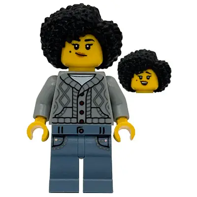  Sequoia Tree Trail Tourist - Mother, Light Bluish Gray Cardigan Sweater, Sand Blue Legs with Pockets, Black Coiled Hair