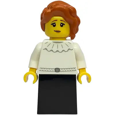  Gold Mine Lady - White Dress with Ruffled Collar, Black Lower Body Skirt, Dark Orange Hair with Braid