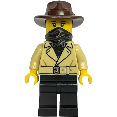  Gold Mine Bandit - Female, Tan Jacket Over Black Sweater, Black Legs, Dark Brown Fedora, Black Bandana