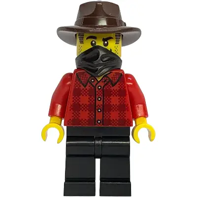  Gold Mine Bandit - Male, Red Plaid Flannel Shirt, Black Legs, Dark Brown Fedora, Black Bandana