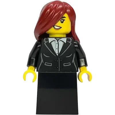  Gold Mine Bandit - Female, Black Suit Jacket with White Button Up Shirt, Black Lower Body Skirt, Dark Red Side Swept Hair