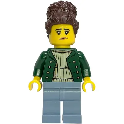  Gold Mine Worker - Female, Dark Green Open Jacket, Sand Blue Legs, Dark Brown Coiled Hair with Bun