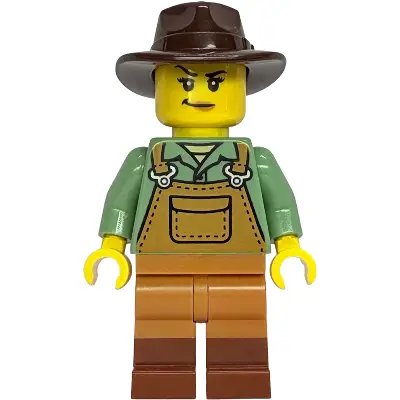  Gold Mine Miner - Female, Medium Nougat Overalls over Sand Green Shirt, Dark Tan Legs with Molded Reddish Brown Boots, Dark Brown Fedora