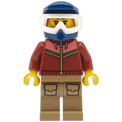  Mountain Bike Cyclist - Female, Dark Red and Coral Jogging Suit, Dark Tan Legs with Pockets, Dark Blue Dirt Bike Helmet, White Goggles