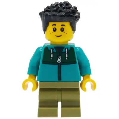  Child - Boy, Dark Turquoise Jacket with Dark Green Panel, Olive Green Medium Legs, Black Hair