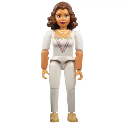  Belville Female, Adult Woman (Princess / Bride) - White Pants, White Top with Flowers and Gold Lace Trim Pattern, Reddish Brown Hair, Pearl Light Gold Shoes (4241468)
