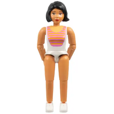  Belville Female, Adult Woman  - White Swimsuit with Dark Pink and Light Orange Stripes Pattern, Black Hair, White Shoes (4140031)