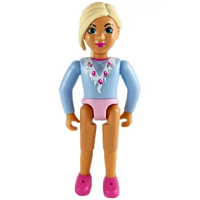  Belville Female - Girl with Light Blue Top with Fur Detail, Silver Horseshoe Necklace, Dark Pink Shoes and Long Light Yellow Hair