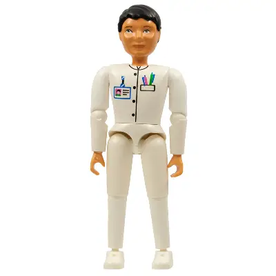  Belville Male, Adult Man (Medic) - White Pants, White Top with ID Badge and Pocket with Pens Pattern, Black Hair, White Shoes (75875)