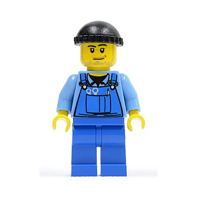  Overalls with Tools in Pocket Blue, Black Knit Cap, Smirk and Stubble Beard