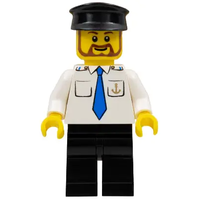  Boat Captain with Blue Tie and Anchor on Pocket, Black Hat, Brown Beard Rounded