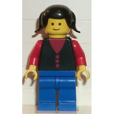  Shirt with 3 Buttons - Red, Red Arms, Blue Legs, Black Pigtails Hair