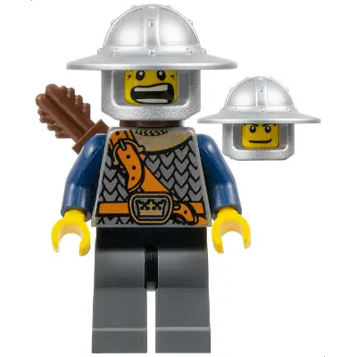 Fantasy Era - Crown Knight Scale Mail with Chest Strap, Helmet with Broad Brim, Dual Sided Head, Dark Bluish Gray Legs, Quiver