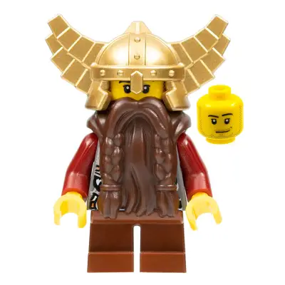  Fantasy Era - Dwarf, Dark Brown Beard, Metallic Gold Helmet with Wings, Dark Red Arms, Smirk and Stubble Beard