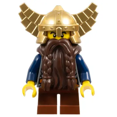  Fantasy Era - Dwarf, Dark Brown Beard, Metallic Gold Helmet with Wings, Dark Blue Arms, Dual Sided Head