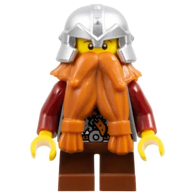  Fantasy Era - Dwarf, Dark Orange Beard, Metallic Silver Helmet with Studded Bands, Dark Red Arms