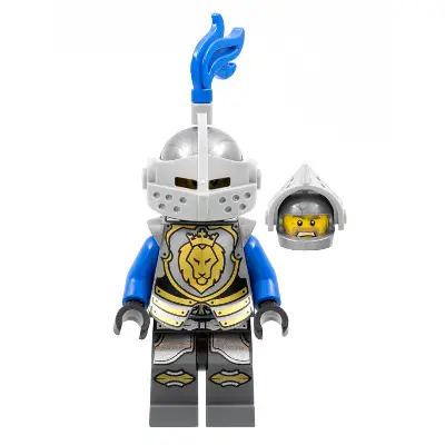 Castle - King's Knight Armor with Lion Head with Crown, Helmet with Pointed Visor, Blue Plume, Angry Face