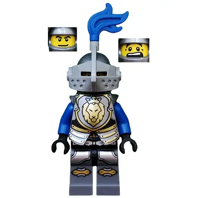  Castle - King's Knight Armor with Lion Head with Crown, Helmet with Pointed Visor, Blue Plume, Determined / Open Mouth Scared Pattern
