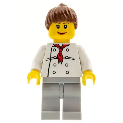  Chef - White Torso with 8 Buttons, Light Bluish Gray Legs, Reddish Brown Ponytail Hair, Brown Eyebrows, Female