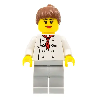  Chef - White Torso with 8 Buttons, Light Bluish Gray Legs, Reddish Brown Ponytail Hair, Black Eyebrows, Female
