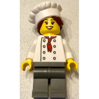  Chef - White Torso with 8 Buttons, Dark Bluish Gray Legs, Hair in Bun