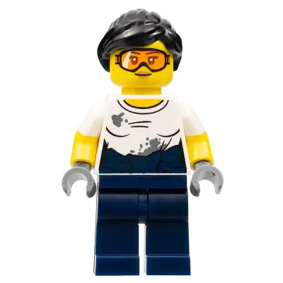  City Jungle Mechanic Female - Black Ponytail, Orange Goggles, White T-Shirt with Oil Stains, Dark Blue Legs