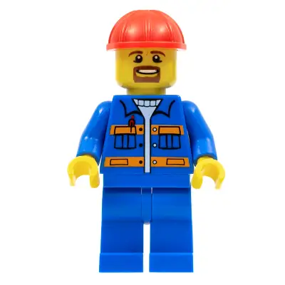  Blue Jacket with Pockets and Orange Stripes, Blue Legs, Red Construction Helmet, Brown Moustache and Goatee