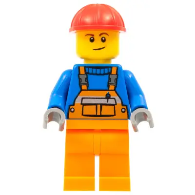  Overalls with Safety Stripe Orange, Orange Legs, Red Construction Helmet, Lopsided Smile
