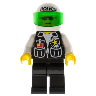 Police - Sheriff Star and 2 Pockets, Black Legs, White Arms, White Helmet with Police Pattern, Trans-Green Visor