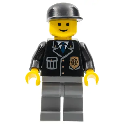  Police - City Suit with Blue Tie and Badge, Dark Bluish Gray Legs, Black Cap