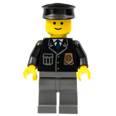  Police - City Suit with Blue Tie and Badge, Dark Bluish Gray Legs, Black Hat