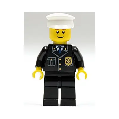  Police - City Suit with Blue Tie and Badge, Black Legs, White Hat, Brown Eyebrows, Thin Grin