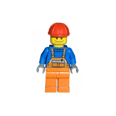  Overalls with Safety Stripe Orange, Orange Legs, Red Construction Helmet, Straight Smile