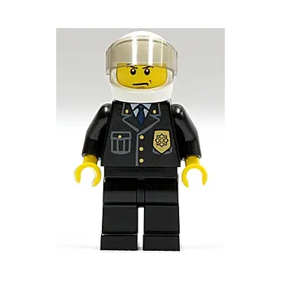  Police - City Suit with Blue Tie and Badge, Black Legs, White Helmet, Trans-Brown Visor, Scowl
