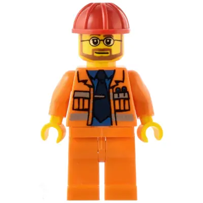  Construction Foreman - Orange Jacket with Blue Shirt, Dark Blue Tie, Red Construction Helmet