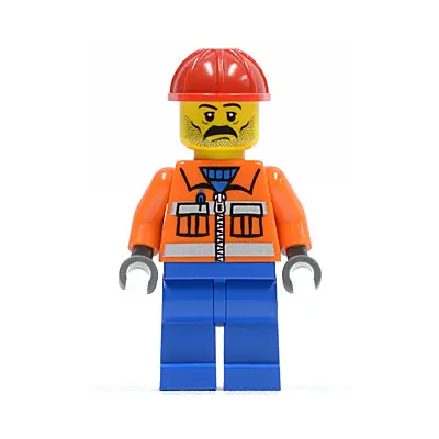  Construction Worker - Orange Zipper, Safety Stripes, Orange Arms, Blue Legs, Red Construction Helmet, Stubble