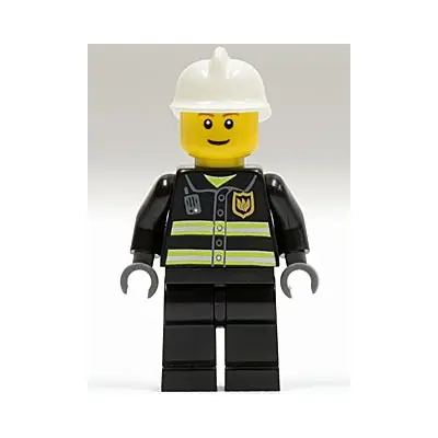  Fire - Reflective Stripes, Black Legs, White Fire Helmet, Brown Eyebrows, Thin Grin